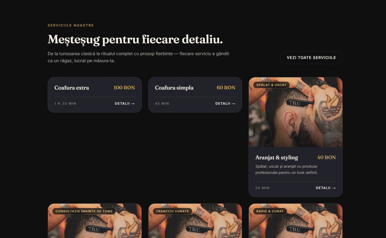 Secțiunea de servicii cu durate și prețuri